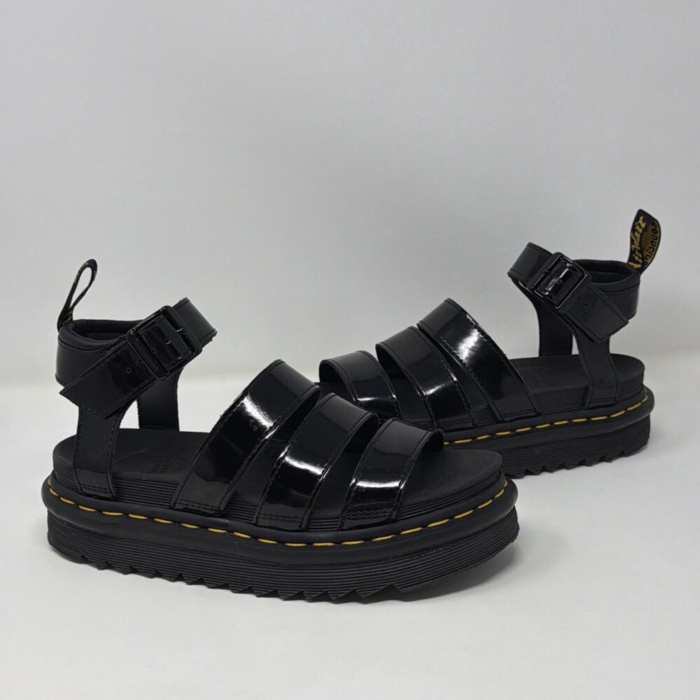 Dr. Martens Blaire Patent Leather Platform Strap Gladiator Sandal Black Size 6